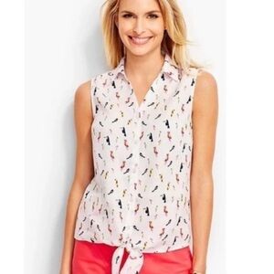 Talbots Women’s Bird Novelty Print Tie Front 100 % Linen Sleeveless Shirt Small